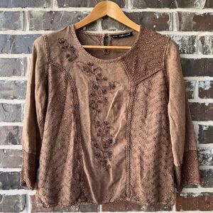 Mlle Gabrielle Brown Embroidered Blouse 3/4 Sleeve Boho Beaded Relaxed Fit XS